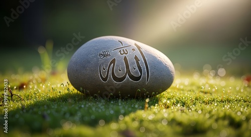Gray stone with arabic calligraphy on green grass in natural light