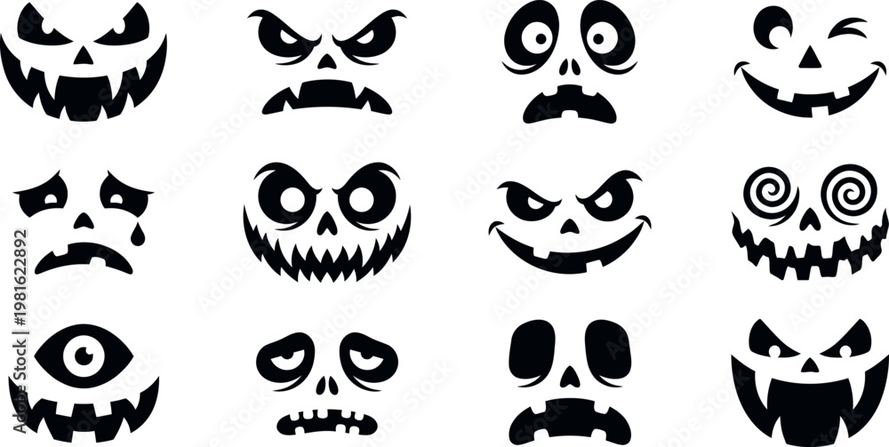 Fototapeta premium Halloween Monster Face Mega Set Spooky Jack O Lantern Silhouettes