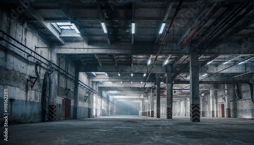 Empty Industrial Warehouse with Metal Beams and Skylights.