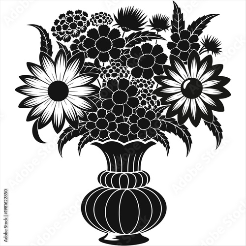 flower bouquet in decorative vase black and white vintage engraving illustration