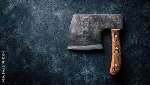 Heavily-worn hatchet rests on a textured dark backdrop in a close-up composition
