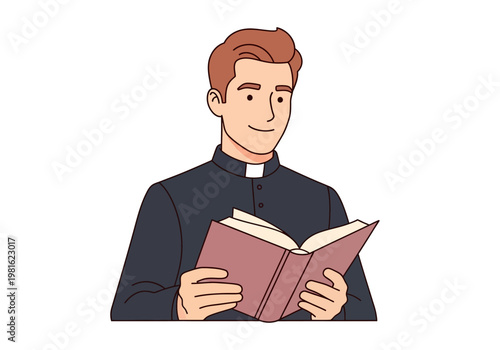 Vector Illustration of a Young Catholic Priest Holding an Open Bible or Prayer Book