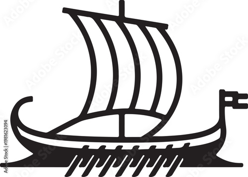 Stylized black and white illustration of a traditional Viking longship sailing with a single mast.