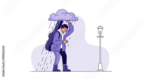 Man with guitar case shielding from rain under a cloud, feeling down