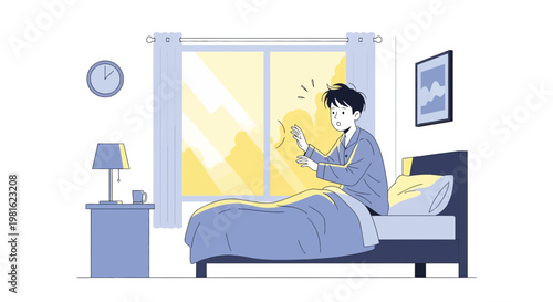 Man Wakes Up To Sunlight Streaming Through Window, Holding Phone