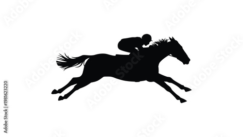 Horse racing silhouette with jockey riding fast stallion isolated on white background, professional equestrian sports competition and derby championship vector illustration.