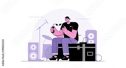 Musician with headphones connecting cables to amplifier and drum set, creating music