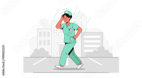 Nurse walking in rain outside hospital, dedicated healthcare worker, perseverance concept
