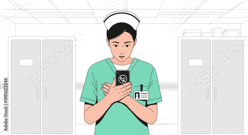 Nurse shocked looking at phone in hospital corridor
