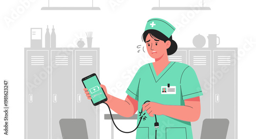 Nurse with dead phone and charger in locker room, feeling stressed
