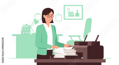 Office worker printing documents, busy desk, administrative tasks, paperwork, office supplies