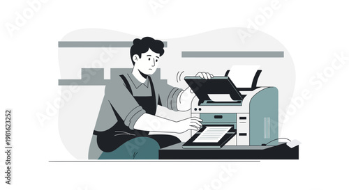 Office worker fixing a malfunctioning printer, office equipment repair concept