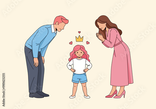 Permissive Parenting Concept: Loving Parents Bowing to Little Daughter Wearing a Crown, Spoiled Child and Family Dynamics Illustration