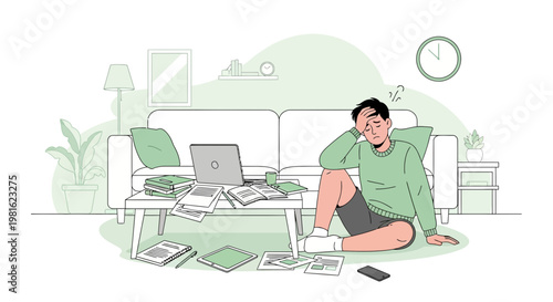 Overwhelmed man struggling with work at home, messy desk, stress, burnout, remote work