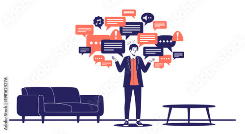 Overwhelmed businessman drowning in communication and information overload, stress concept