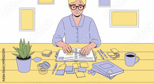 Overwhelmed person struggling with tasks, surrounded by sticky notes and planner
