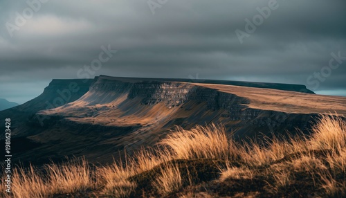 Dramatic Mountain Cliffs with Golden Grasses Under Cloudy Sky.
