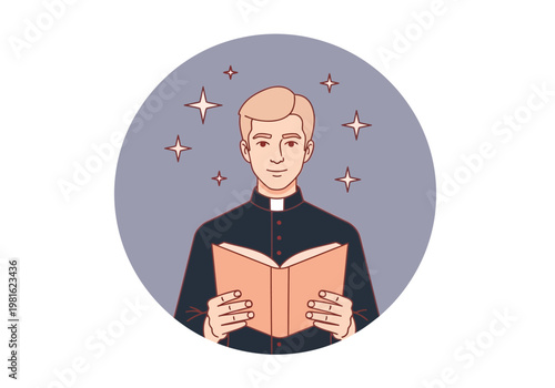 Catholic Priest Illustration Holding Holy Bible, Young Clergyman in Clerical Collar Reading Scripture, Religious Faith and Spirituality Concept Art