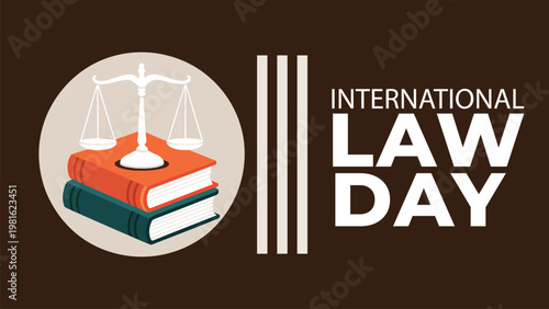 International Law Day banner with scales of justice on law books and pillar icon, justice system and legal education concept vector illustration on brown background.