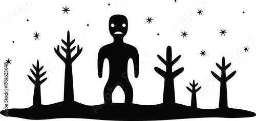 Mysterious silhouette a dark figure stands amongst trees under a starry night sky