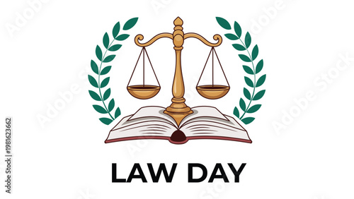 Law Day celebration concept with scales of justice on an open book and green laurel wreath, legal system and authority symbol vector illustration isolated on white background.