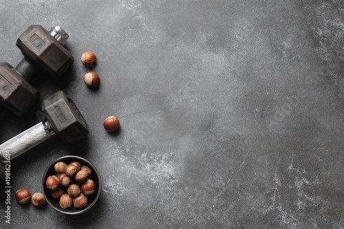 Heavy dumbbells with hazelnuts rest on a textured gray surface, top left corner