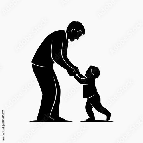 Black silhouette of a father holding his child's hands, guiding them as they learn to walk, symbolizing support and early development.