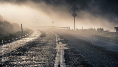Misty Rural Road Illuminated by Golden Sun Rays Through Fog.