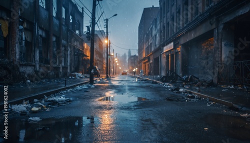 Rainy Night Urban Street with Reflective Puddles and Old Buildings.