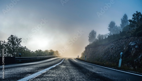 Misty Highway Winding Through Forest at Dawn.