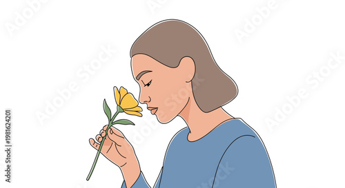 Woman smelling flower, yellow bloom, blue shirt, simple illustration, flat design