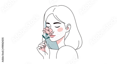 Minimalist line art woman, smelling pink flower, simple illustration, elegant female portrait, vector icon