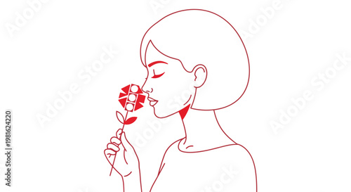Minimalist line art woman smelling flower, pink, simple illustration, elegant, modern design element