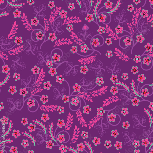 Seamless Floral Pattern with Pink Flowers and Purple Background