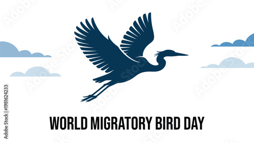 World Migratory Bird Day flying crane silhouette with clouds, symbolic environmental awareness design for conservation observance celebration and stock illustration