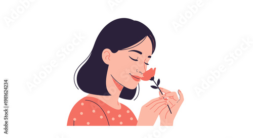 Woman smelling flower, cute girl sniffing bloom, floral illustration, minimalist vector