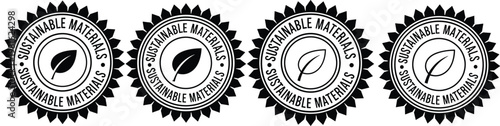 Vector collection of sustainable materials badges featuring leaf icons in black and white circle stamps isolated on white background for eco friendly product packaging design