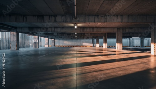 Empty Parking Garage with Sunlight Beams and Long Shadows.