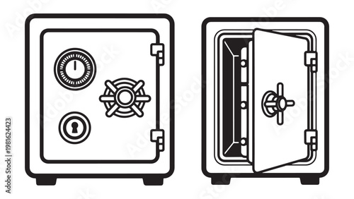 Vector line art illustration of a secure metal safe, one closed with a combination dial and keyhole, the other open, symbolizing protection and valuable assets.