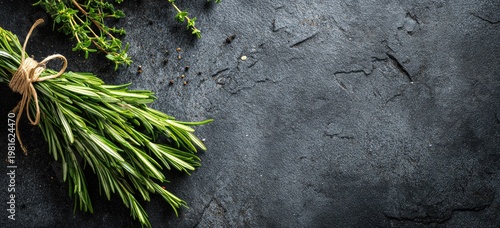 Herbs tied with twine on dark stone