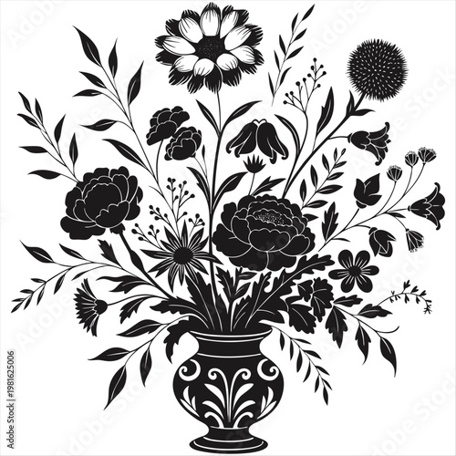 flower bouquet in decorative vase black and white vintage engraving illustration
