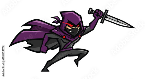 Cartoon assassin figure in action posing with sword isolated