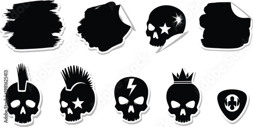 Black Skulls with Various Hairstyles and Symbols Isolated on White Background