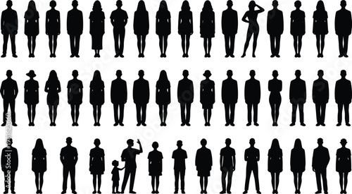 Mega collection of diverse people silhouettes featuring men, women, and children standing in rows, perfect for urban planning, architectural visualization, and social community concepts.