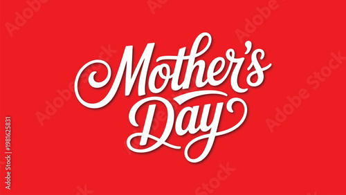 Mother’s Day red background design with elegant white cursive lettering, festive holiday greeting card template for celebration and stock illustration