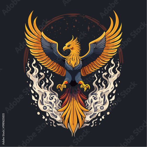 Powerful Phoenix Rising From Intricate Stylized Flames Vector Illustration