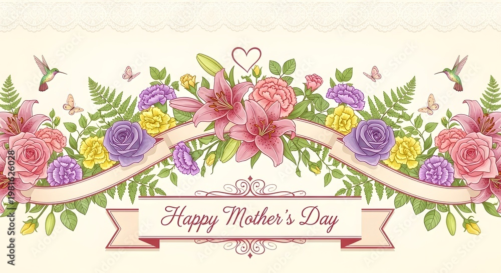 Fototapeta premium Happy mothers day banner with flowers, ribbon, and hummingbirds