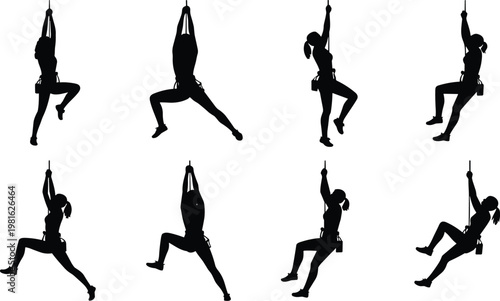 Silhouette Set of a Female Rock Climber and Mountaineer Character Performing Various Climbing Poses and Rope Activities for Outdoor Adventure and Extreme Sports Design.