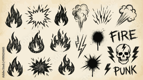 Flame fire icon doodle set. Hand drawn flame fire brush stroke grunge chalk texture shape graphic. Hot explosion blast energy smoke spray sticker punk tattoo burst. Vector illustration