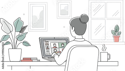 Woman working from her home office while attending a virtual video conference meeting on her laptop computer screen during work